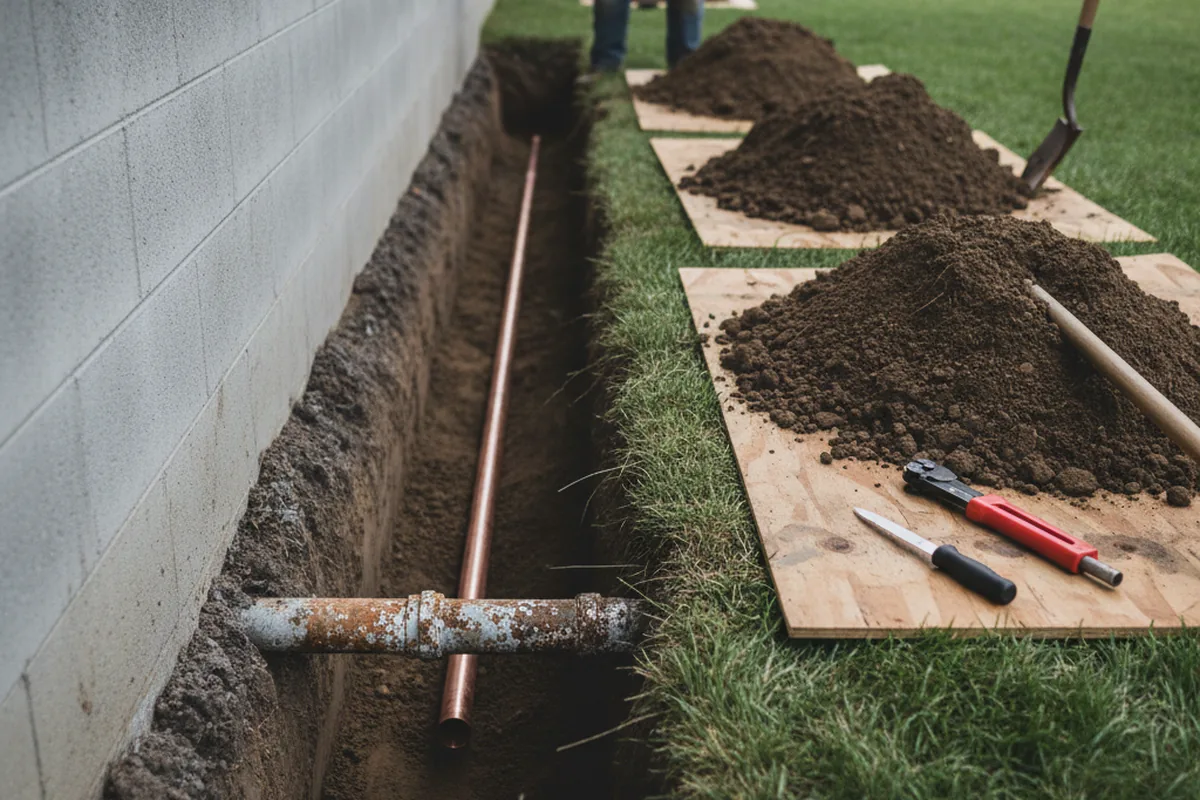 Excavated water line trench during Sewer Line Repair in Rosalia